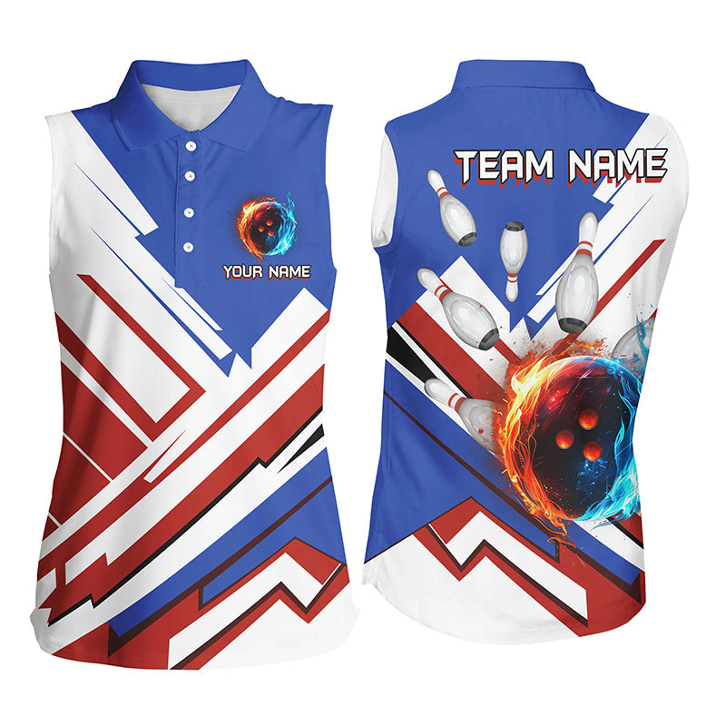 Red, White and Blue Flame Bowling Sleeveless Polo Shirts for Women Custom bowling team jerseys ladies NQS7879