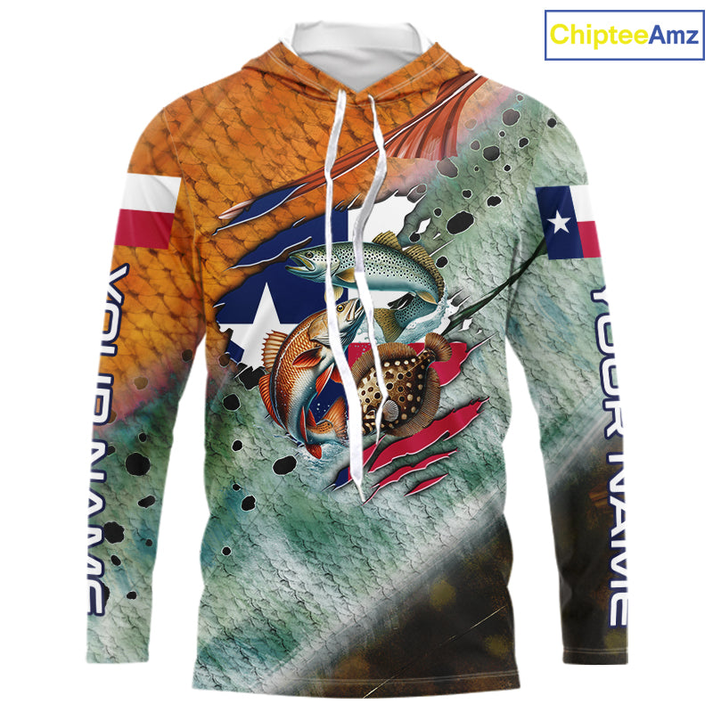 Texas slam redfish trout flounder scales Texas flag Custom patriotic fishing long sleeve shirts NQS10163