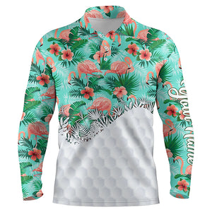 Personalized green tropical pink flamingo pattern mens golf polo shirts best mens golf wears NQS5990