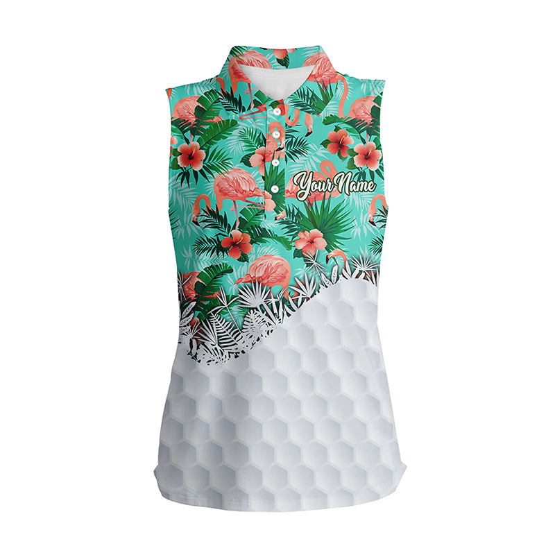 Personalized green tropical pink flamingo pattern Womens sleeveless polo shirts ladies golf tops NQS5990