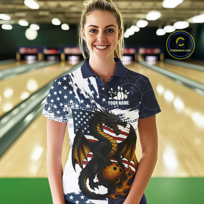 Red, White and Blue American Flag Dragon Bowling Shirt For Women Custom Patriotic Bowling Team Jersey NQS10294