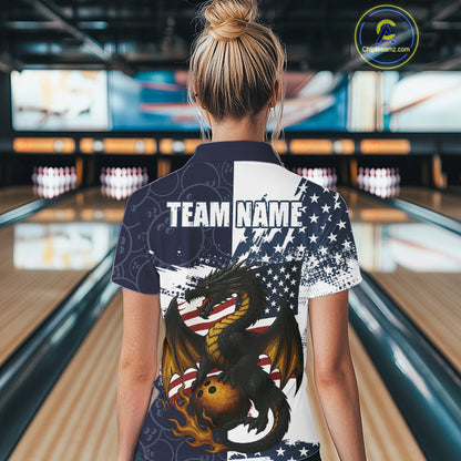Red, White and Blue American Flag Dragon Bowling Shirt For Women Custom Patriotic Bowling Team Jersey NQS10294