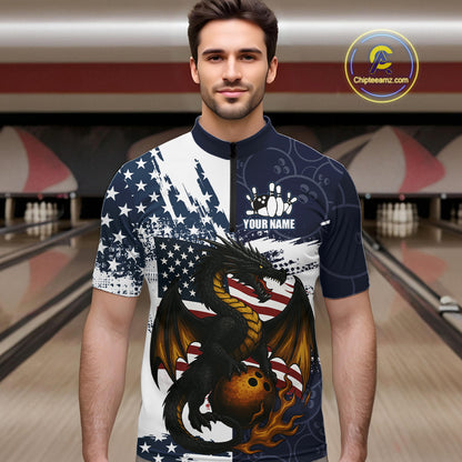 Red, White and Blue American Flag Dragon Bowling Shirts For Men Custom Patriotic Bowling Team Jersey NQS10294