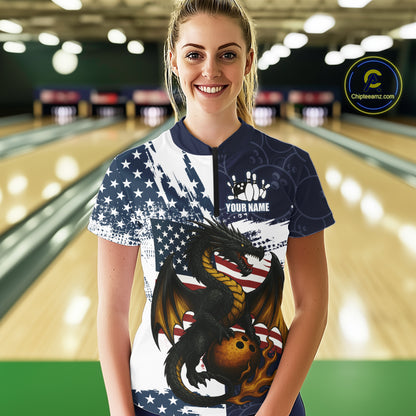 Red, White and Blue American Flag Dragon Bowling Shirt For Women Custom Patriotic Bowling Team Jersey NQS10294