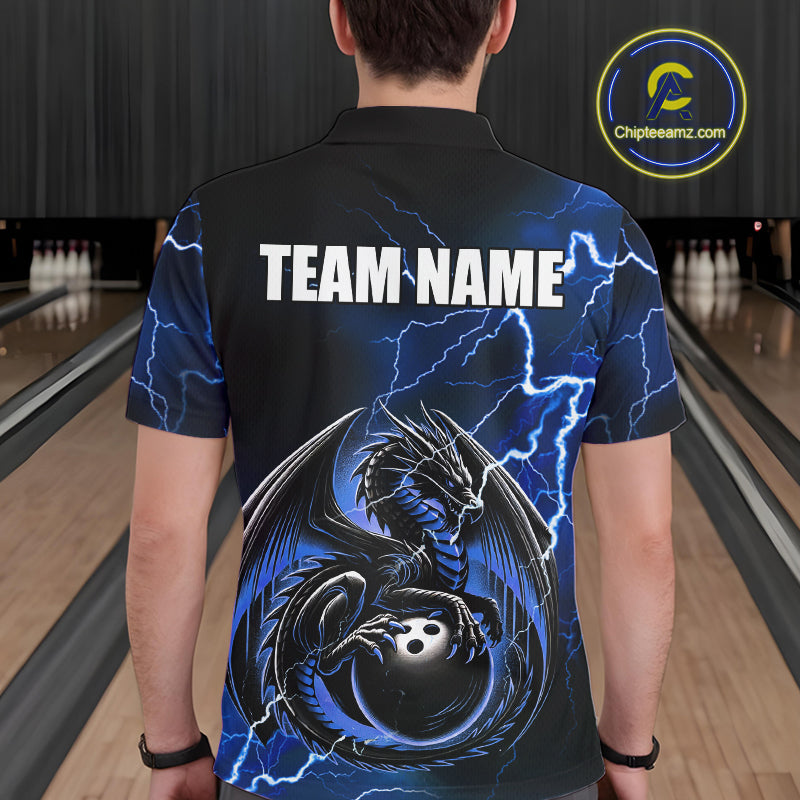 Personalized Black And Blue Thunder Lightning Dragon Bowling Shirts For Men, Bowling Team Uniform NQS10295