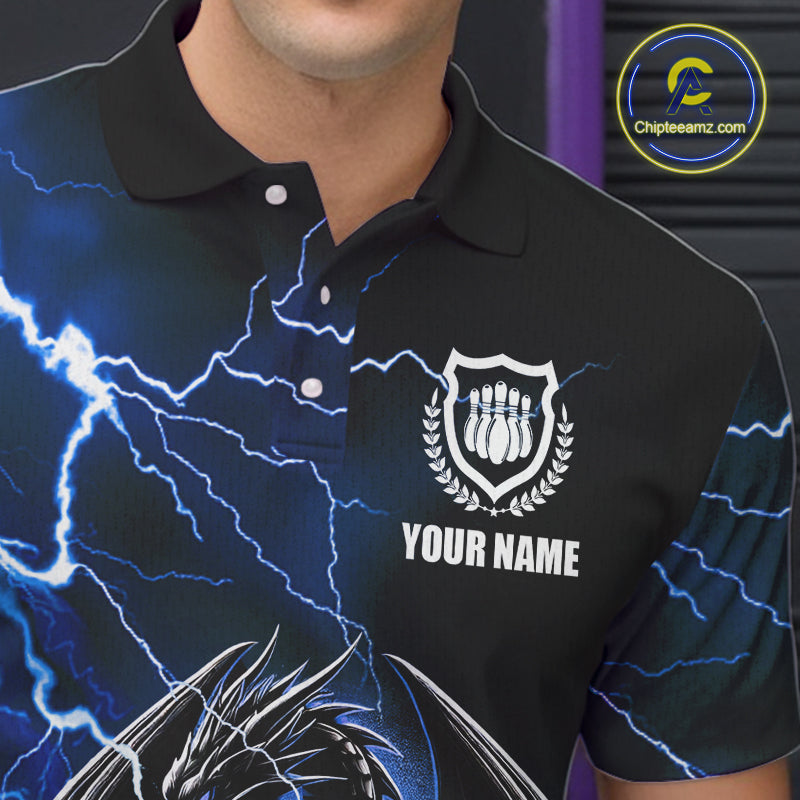 Personalized Black And Blue Thunder Lightning Dragon Bowling Shirts For Men, Bowling Team Uniform NQS10295