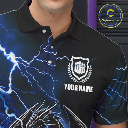 Personalized Black And Blue Thunder Lightning Dragon Bowling Shirts For Men, Bowling Team Uniform NQS10295