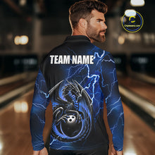 Load image into Gallery viewer, Personalized Black And Blue Thunder Lightning Dragon Bowling Shirts For Men, Bowling Team Uniform NQS10295
