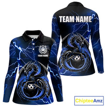 Load image into Gallery viewer, Personalized Black And Blue Thunder Lightning Dragon Bowling Shirts For Women, Bowling Team Uniform NQS10295