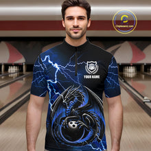 Load image into Gallery viewer, Personalized Black And Blue Thunder Lightning Dragon Bowling Shirts For Men, Bowling Team Uniform NQS10295