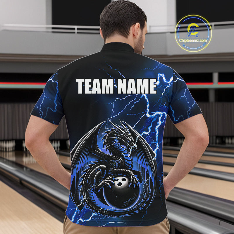 Personalized Black And Blue Thunder Lightning Dragon Bowling Shirts For Men, Bowling Team Uniform NQS10295