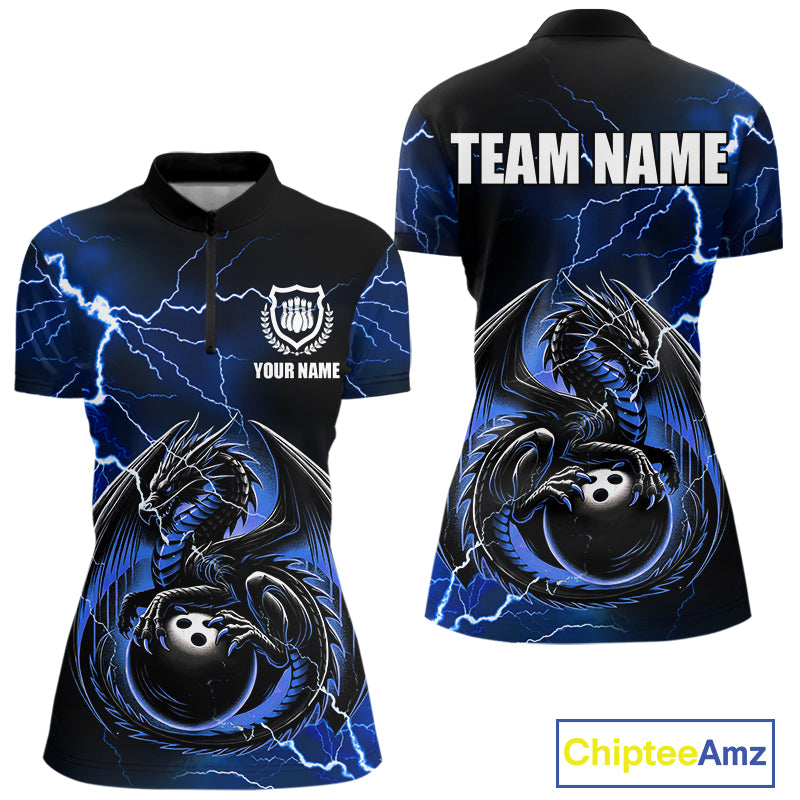 Personalized Black And Blue Thunder Lightning Dragon Bowling Shirts For Women, Bowling Team Uniform NQS10295