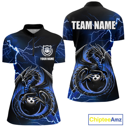 Personalized Black And Blue Thunder Lightning Dragon Bowling Shirts For Women, Bowling Team Uniform NQS10295