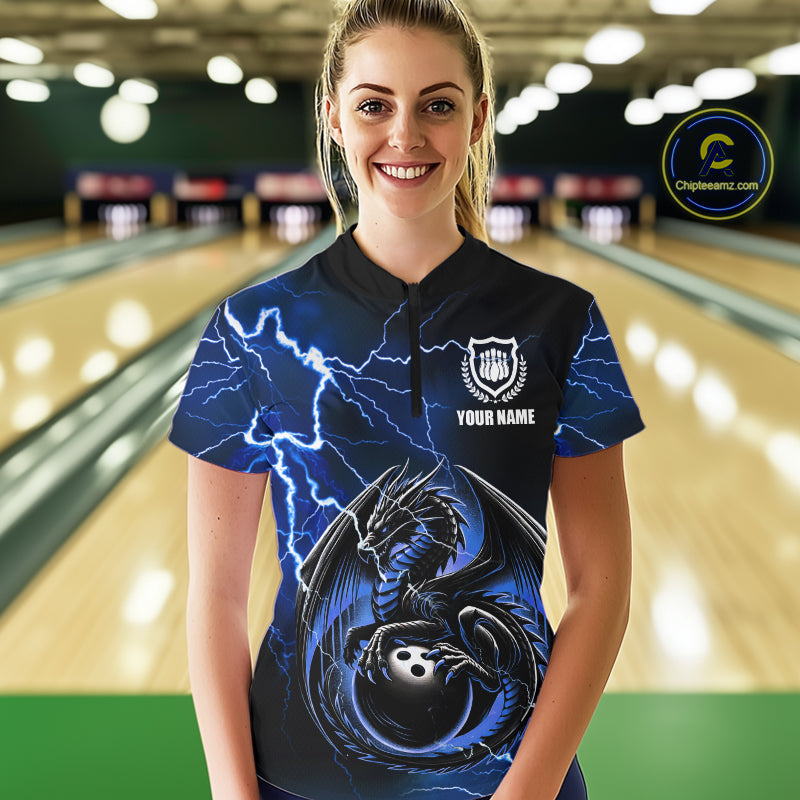 Personalized Black And Blue Thunder Lightning Dragon Bowling Shirts For Women, Bowling Team Uniform NQS10295