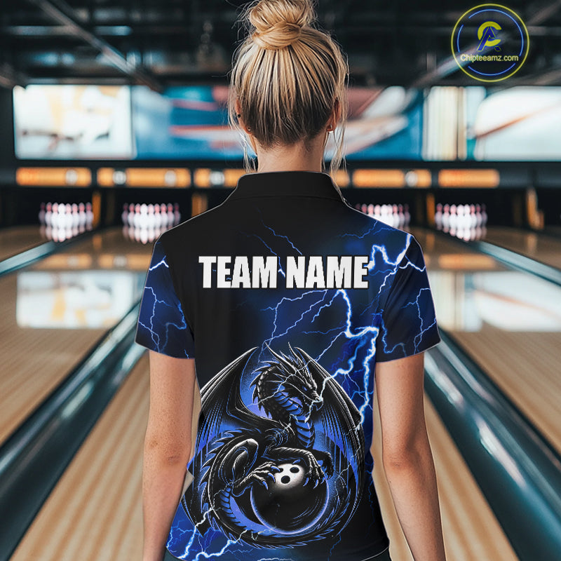 Personalized Black And Blue Thunder Lightning Dragon Bowling Shirts For Women, Bowling Team Uniform NQS10295