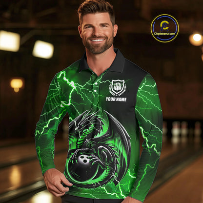 Personalized Black And Green Thunder Lightning Dragon Bowling Shirts For Men, Bowling Team Uniform NQS10296