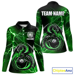 Personalized Black And Green Thunder Lightning Dragon Bowling Shirts For Women, Bowling Team Uniform NQS10296