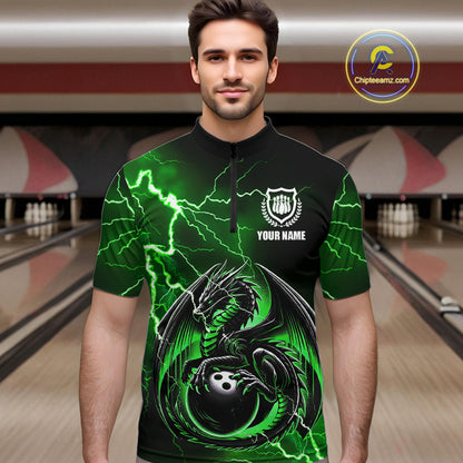 Personalized Black And Green Thunder Lightning Dragon Bowling Shirts For Men, Bowling Team Uniform NQS10296