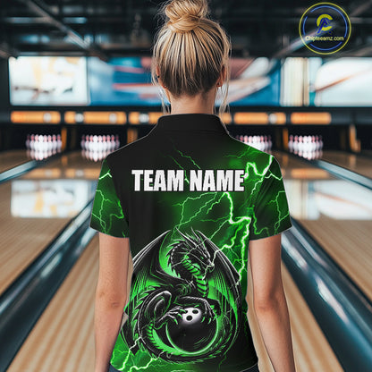 Personalized Black And Green Thunder Lightning Dragon Bowling Shirts For Women, Bowling Team Uniform NQS10296