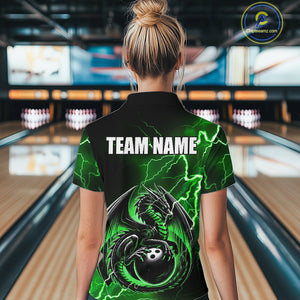 Personalized Black And Green Thunder Lightning Dragon Bowling Shirts For Women, Bowling Team Uniform NQS10296