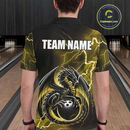 Personalized Black And Yellow Thunder Lightning Dragon Bowling Shirts For Men, Bowling Team Uniform NQS10297