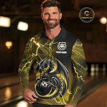 Load image into Gallery viewer, Personalized Black And Yellow Thunder Lightning Dragon Bowling Shirts For Men, Bowling Team Uniform NQS10297