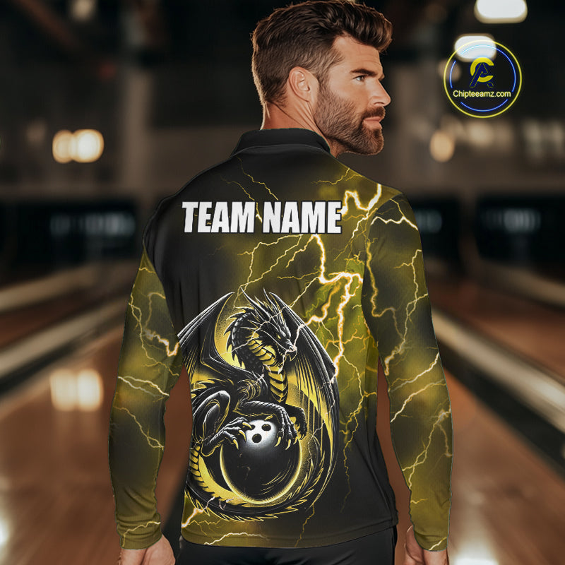 Personalized Black And Yellow Thunder Lightning Dragon Bowling Shirts For Men, Bowling Team Uniform NQS10297