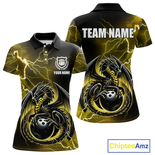 Personalized Black And Yellow Thunder Lightning Dragon Bowling Shirts For Women, Bowling Team Uniform NQS10297