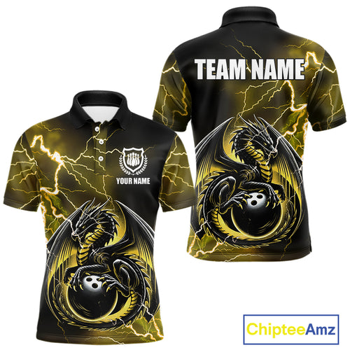 Personalized Black And Yellow Thunder Lightning Dragon Bowling Shirts For Men, Bowling Team Uniform NQS10297