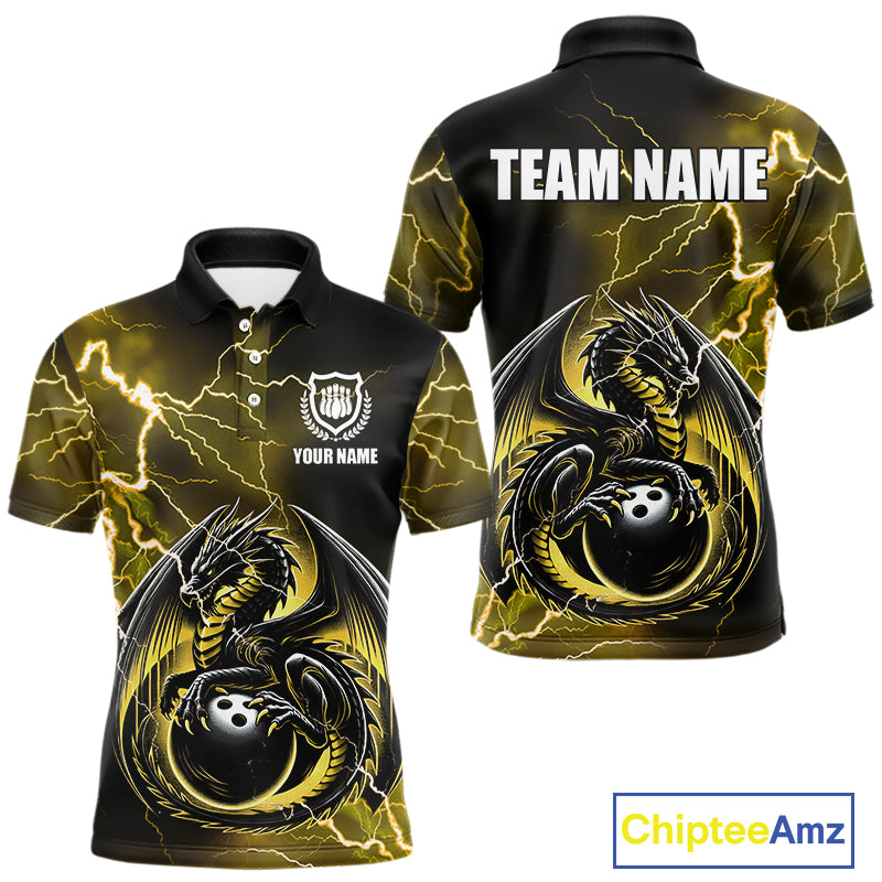 Personalized Black And Yellow Thunder Lightning Dragon Bowling Shirts For Men, Bowling Team Uniform NQS10297