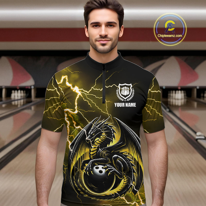 Personalized Black And Yellow Thunder Lightning Dragon Bowling Shirts For Men, Bowling Team Uniform NQS10297