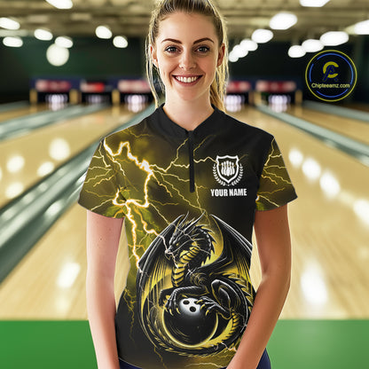 Personalized Black And Yellow Thunder Lightning Dragon Bowling Shirts For Women, Bowling Team Uniform NQS10297