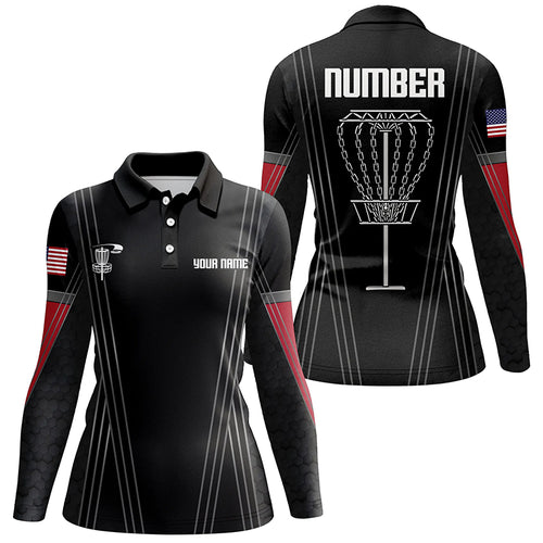 Womens disc golf basket polo shirts custom name, number black disc golf shirts, disc golf outfit NQS6193
