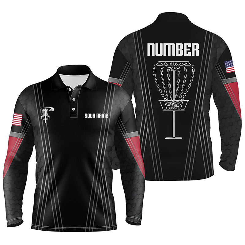 Mens disc golf basket polo shirts custom name, number black disc golf shirt, disc golf outfit NQS6193