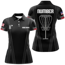 Load image into Gallery viewer, Womens disc golf basket polo shirts custom name, number black disc golf shirts, disc golf outfit NQS6193