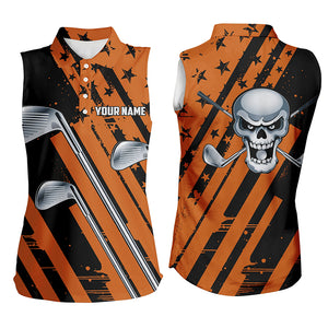 Halloween golf skull orange and black golf clubs Womens sleeveless polo shirt custom team golf shirts NQS6195