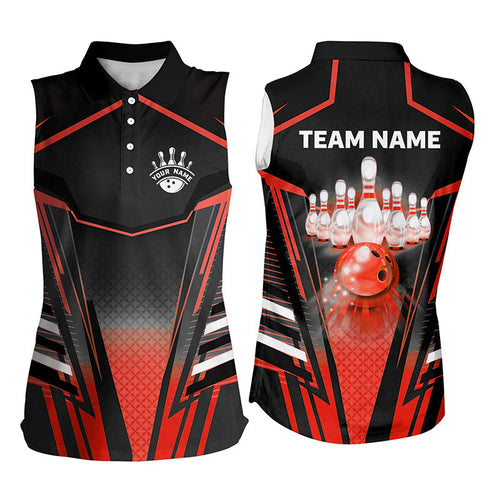 Women bowling sleeveless polo shirts Custom black & red Bowling ball pins Team Jersey bowling apparel NQS8521