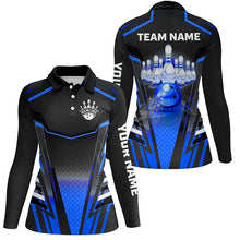 Load image into Gallery viewer, Women bowling Polo, Quarter Zip shirt Custom black &amp; blue Bowling ball pin Team Jersey bowling apparel NQS8522