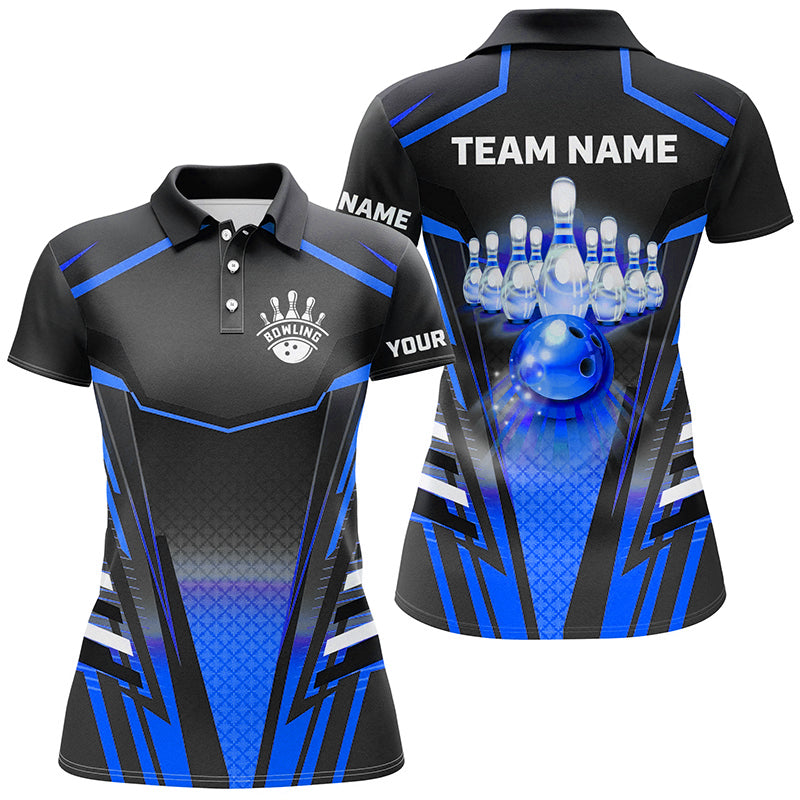 Women bowling Polo, Quarter Zip shirt Custom black & blue Bowling ball pin Team Jersey bowling apparel NQS8522
