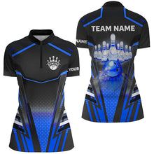 Load image into Gallery viewer, Women bowling Polo, Quarter Zip shirt Custom black &amp; blue Bowling ball pin Team Jersey bowling apparel NQS8522