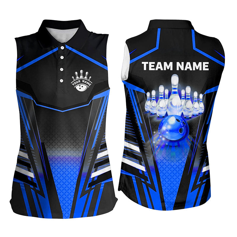 Women bowling sleeveless polo shirts Custom black & blue Bowling ball pins Team Jersey bowling apparel NQS8522
