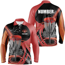 Load image into Gallery viewer, Mens disc golf polo shirt custom lightning thunder disc golf basket, frisbee golf jersey | Red NQS8528