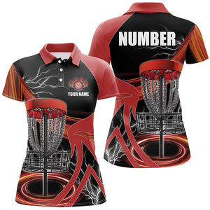 Womens disc golf polo shirts custom lightning thunder disc golf basket, frisbee golf jersey | Red NQS8528