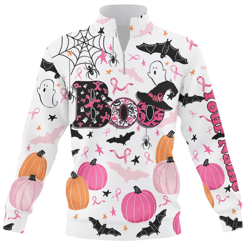 Pink ribbons Boo Halloween pumpkin breast cancer Quarter zip golf sweatshirt Custom Funny Golf sweater NQS8529