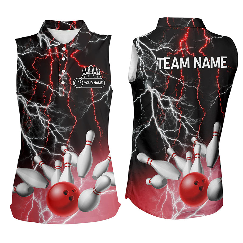 Women sleeveless polo shirts Custom bowling Red lightning thunder team league jersey NQS6672