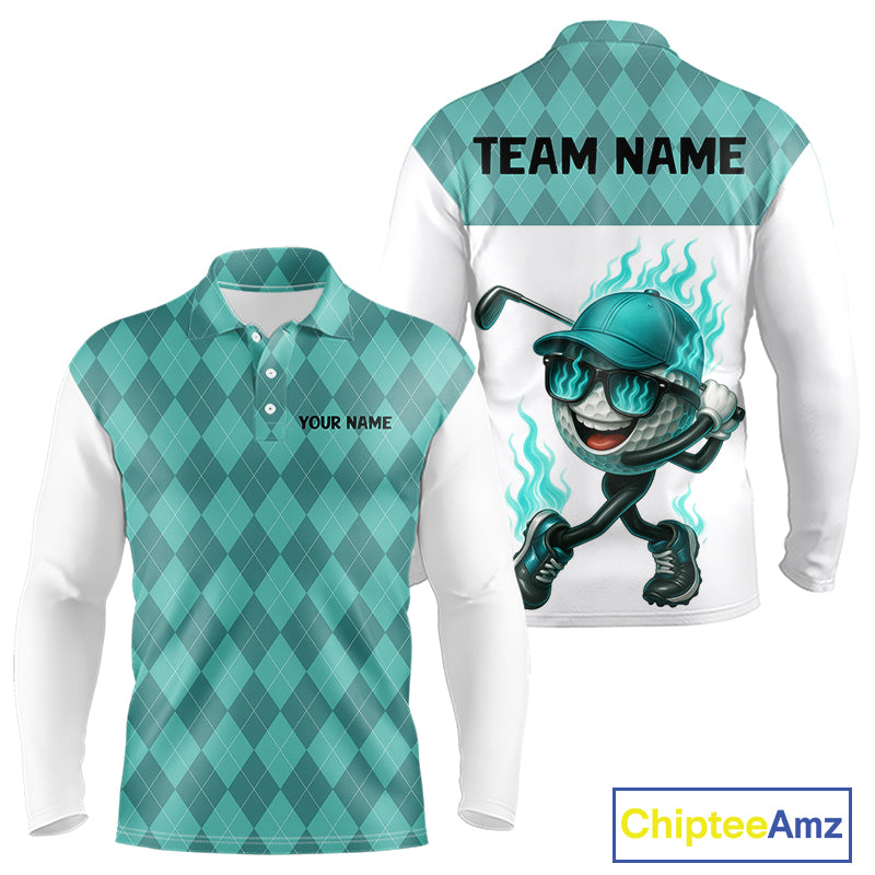 Turquoise argyle pattern Funny Flame Golf polo shirt for men Custom team mens Golf attire NQS11102