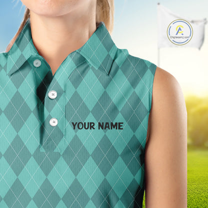 Turquoise argyle pattern Funny Flame Women Sleeveless golf polo shirt Custom team ladies Golf attire NQS11102