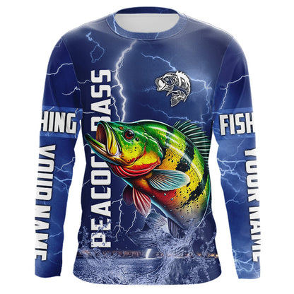 Peacock Bass Fishing blue lightning jerseys custom performance Long Sleeve tournament fishing shirts NQS9237