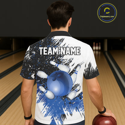 Black & White Women Bowling Hawaiian Shirt Custom bowling button up shirt, bowling outfit | Blue NQS11305