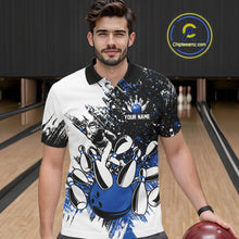 Load image into Gallery viewer, Black and White Men Bowling Polo, Quarter Zip Shirt Custom bowling jersey, mens bowling outfit | Blue NQS11305